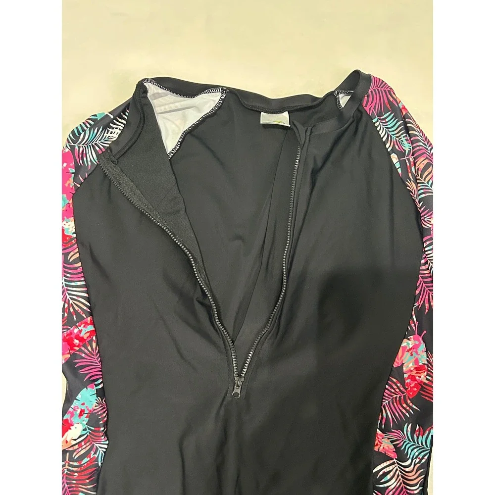SAPOM Women Long Sleeve Rash Guard One Piece Swimsuit Tropical Print XL Black